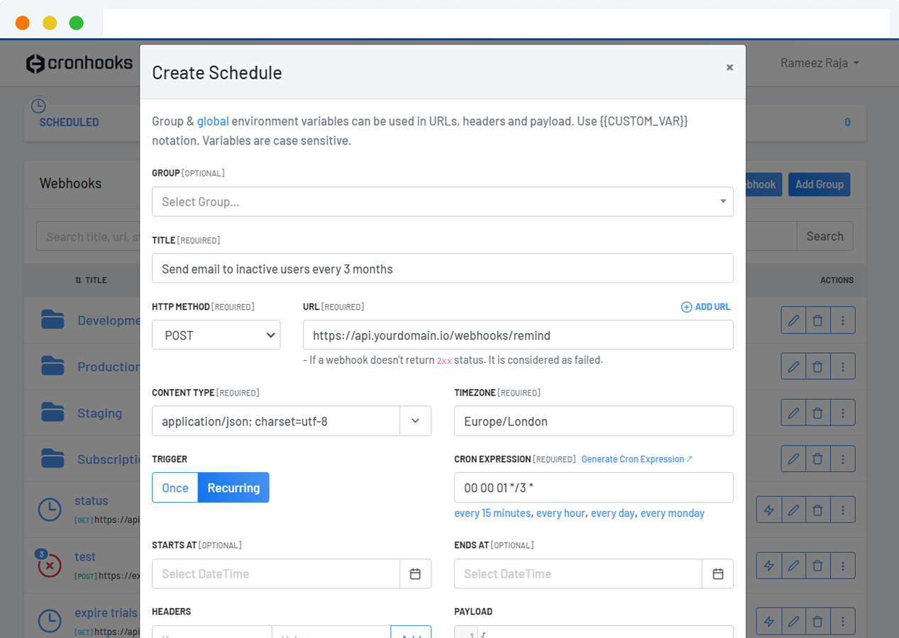 Cronhooks schedule