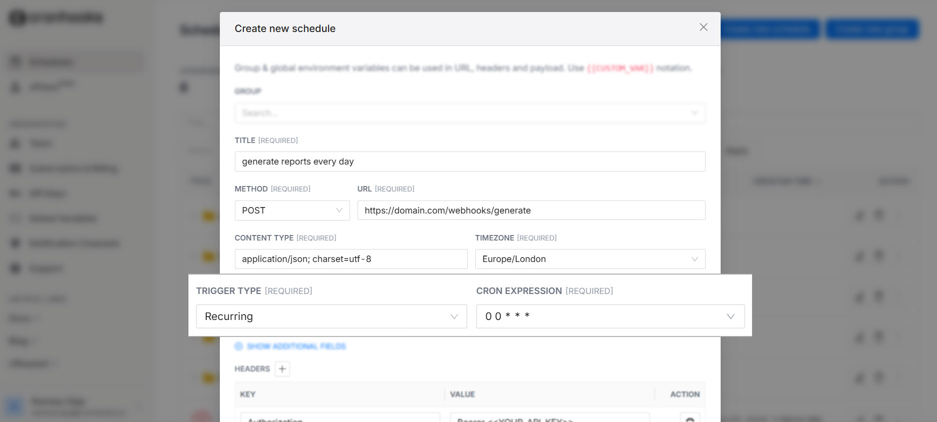 Cronhooks recurring scheduling